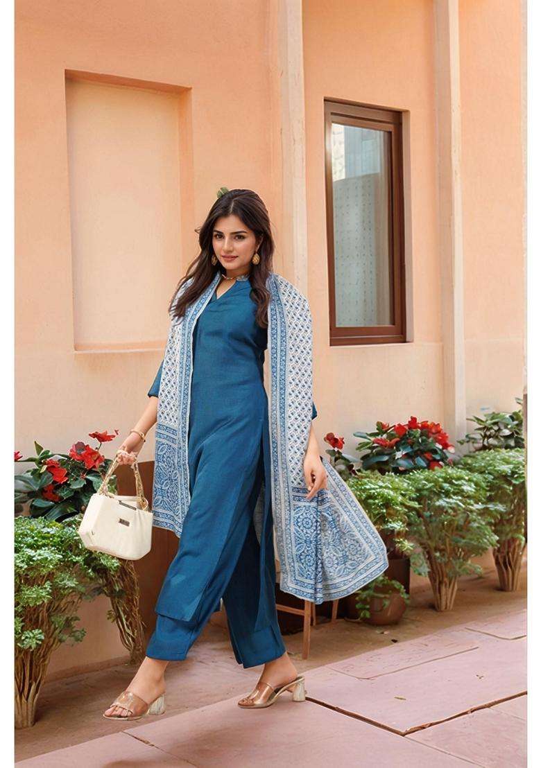 Blue Solid Rayon Kurta Set - Indya