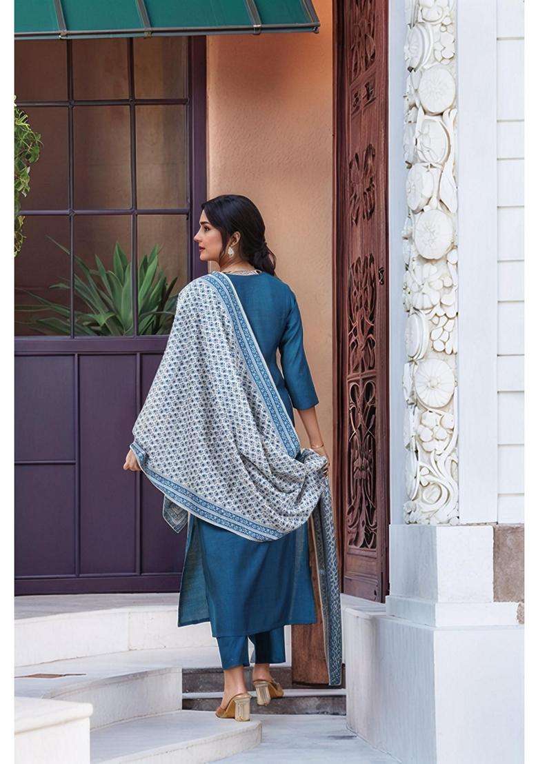 Blue Solid Rayon Kurta Set - Indya