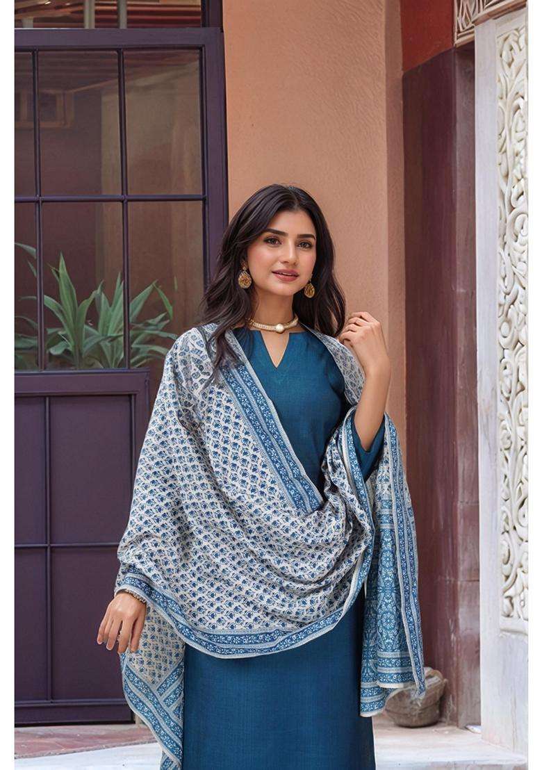 Blue Solid Rayon Kurta Set - Indya