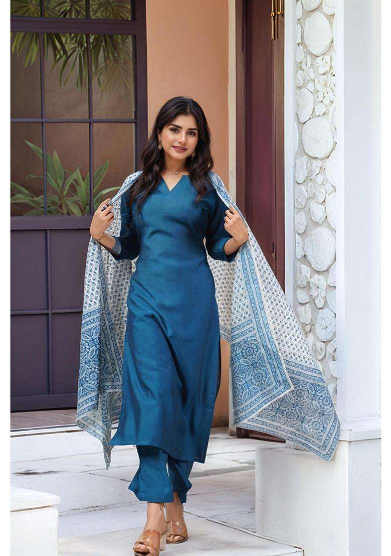 Blue Solid Rayon Kurta Set - Indya