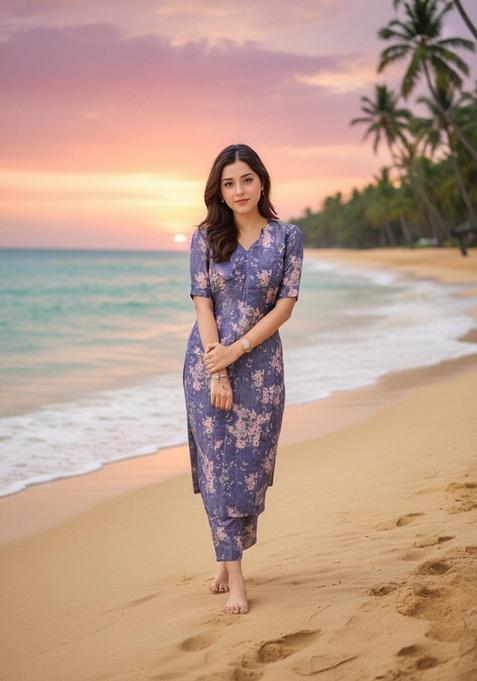Purple Floral Rayon Kurta Set — view on Indya