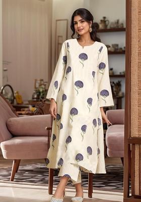 Off White Printed Rayon Kurta Set