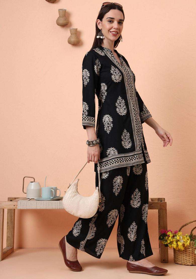 Black Floral Rayon Co-Ord Set - Indya