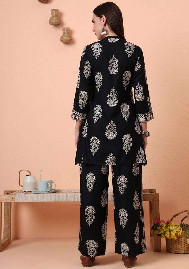 Black Floral Rayon Co-Ord Set - Indya