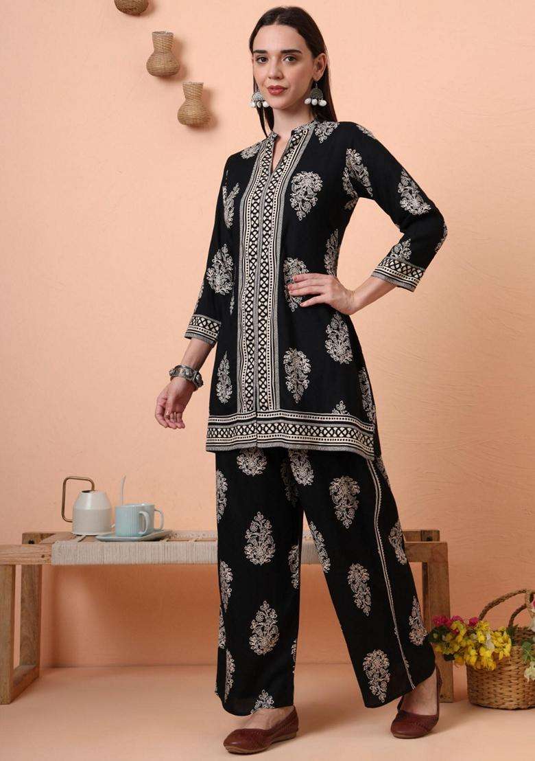 Black Floral Rayon Co-Ord Set - Indya