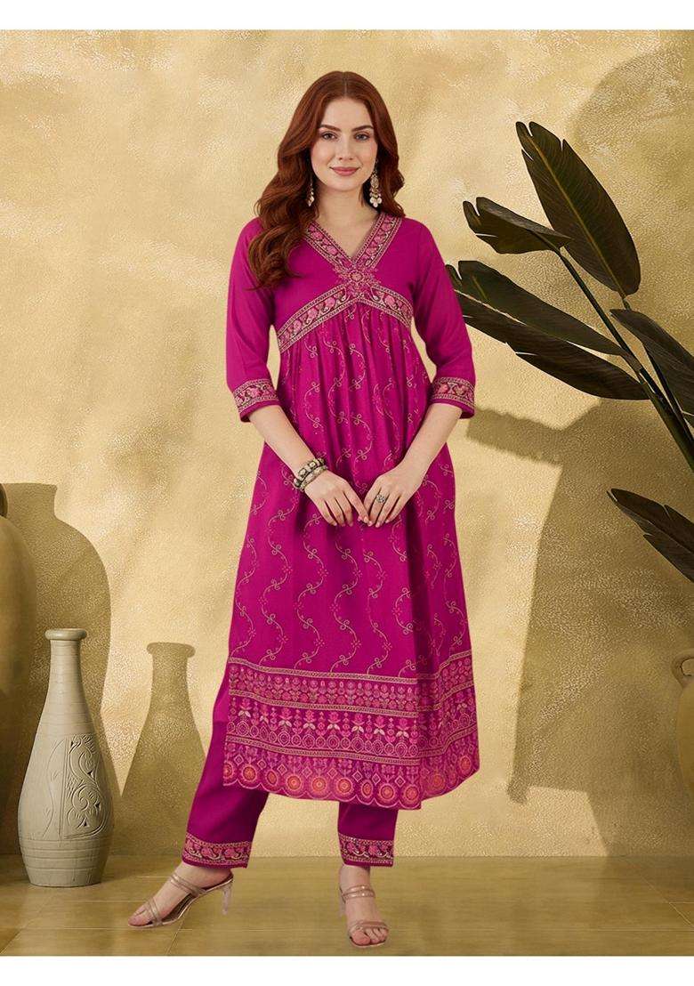 Rani Pink Embroidery Georgette Kurta Set - Indya
