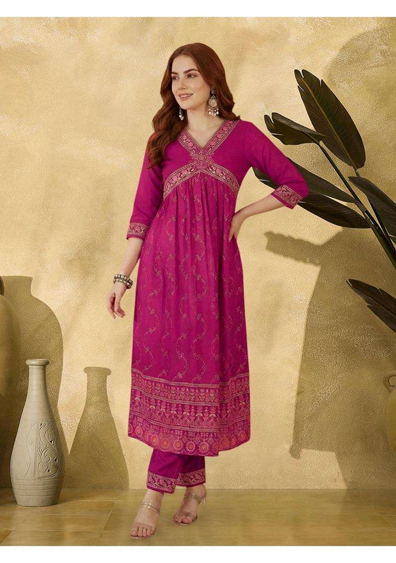 Rani Pink Embroidery Georgette Kurta Set - Indya