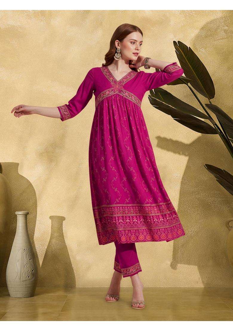 Rani Pink Embroidery Georgette Kurta Set - Indya