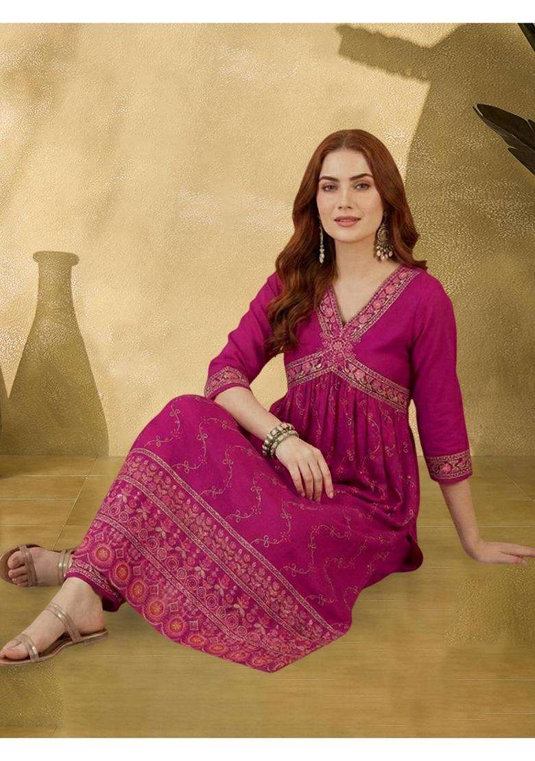 Rani Pink Embroidery Georgette Kurta Set - Indya