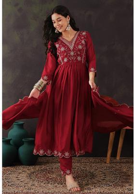 Maroon Embroidery Silk Anarkali Set