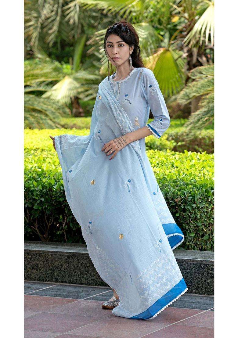 Sky Blue Embroidery Rayon Salwar Suit Set - Indya
