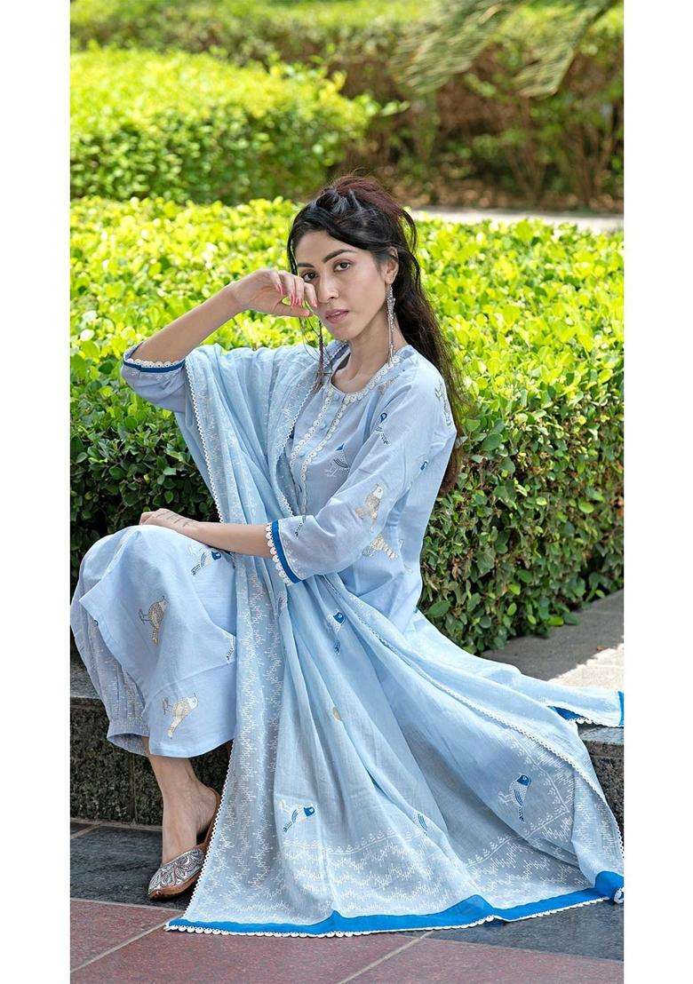 Sky Blue Embroidery Rayon Salwar Suit Set - Indya