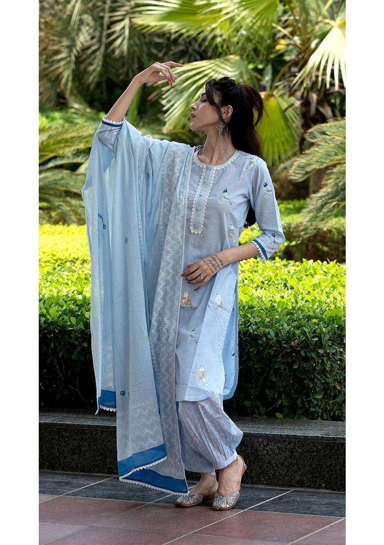 Sky Blue Embroidery Rayon Salwar Suit Set - Indya