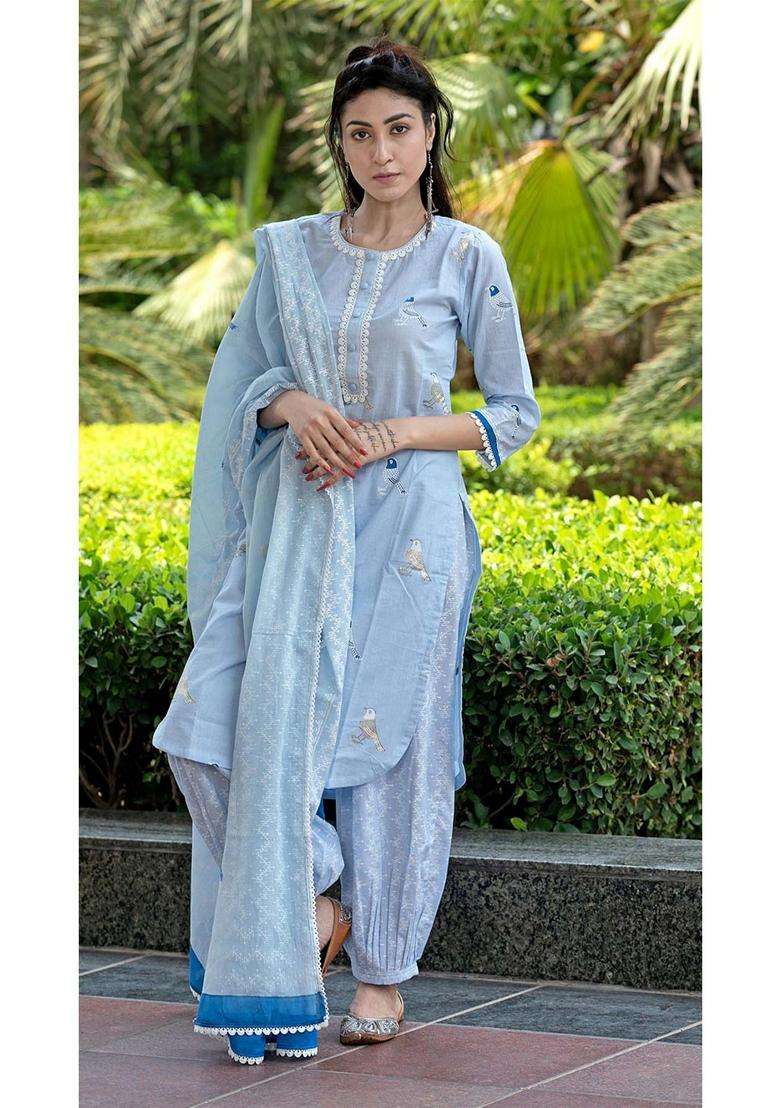Sky Blue Embroidery Rayon Salwar Suit Set - Indya
