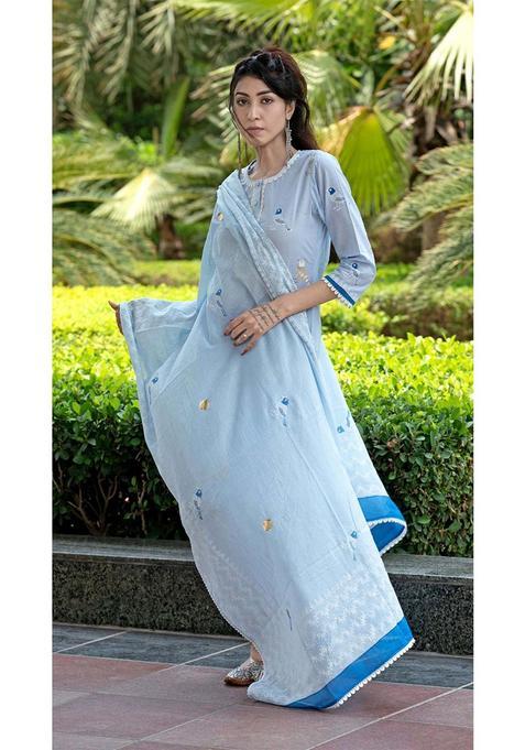 Sky Blue Embroidery Rayon Salwar Suit Set — view on Indya