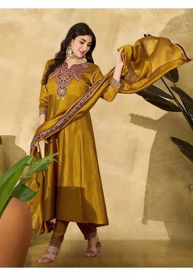 Mustard Embroidery Silk Anarkali Set