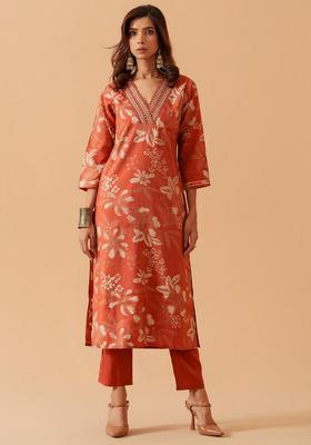 Orange Printed Cotton Kurta Set