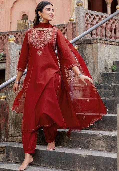 Red Printed Rayon Salwar Suit Set — view on Indya