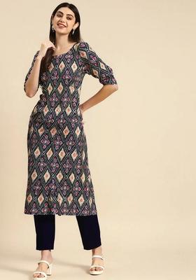 Blue Printed Crepe Kurta Set