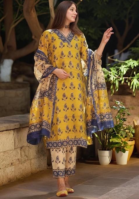 Yellow Floral Rayon Kurta Set — view on Indya