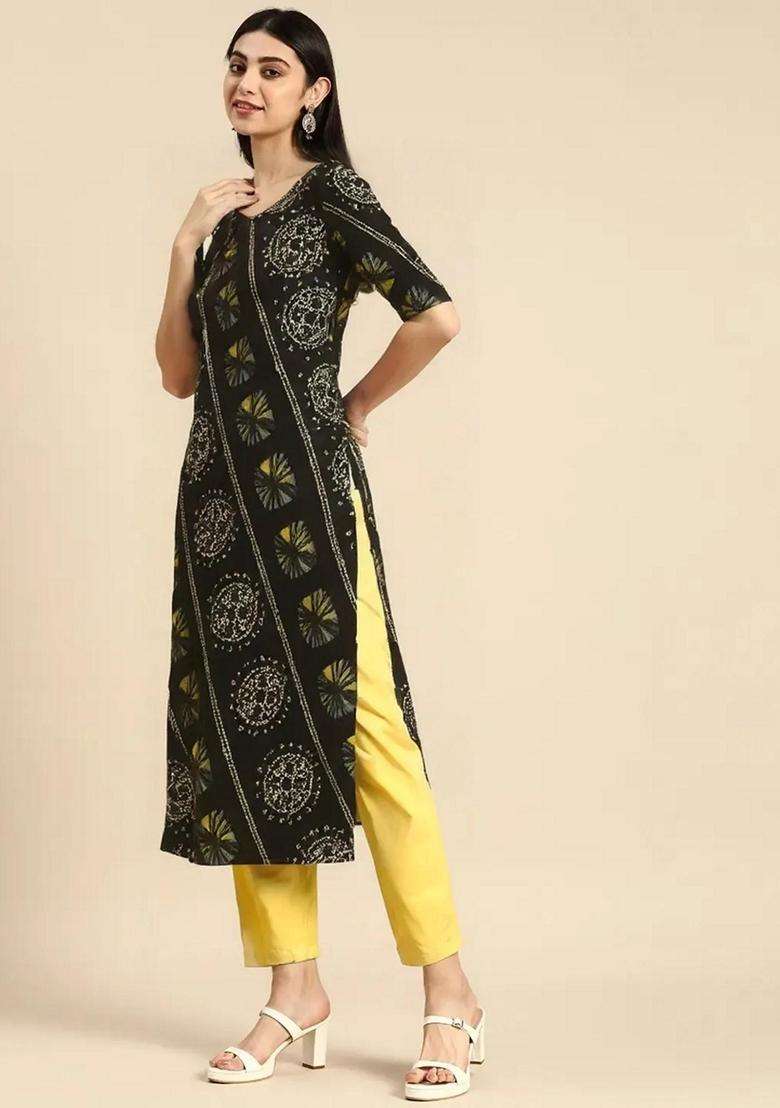 Black Printed Crepe Kurta Set - Indya
