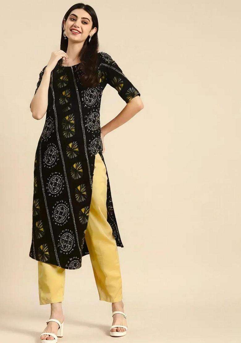 Black Printed Crepe Kurta Set - Indya