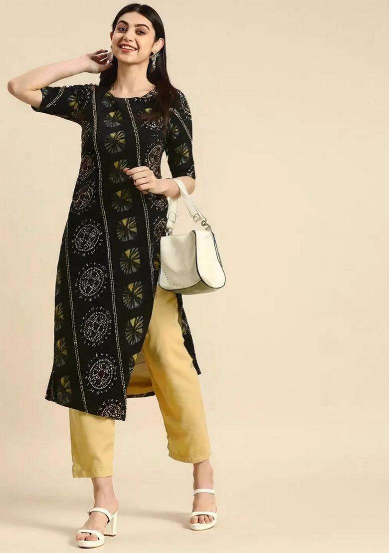 Black Printed Crepe Kurta Set - Indya