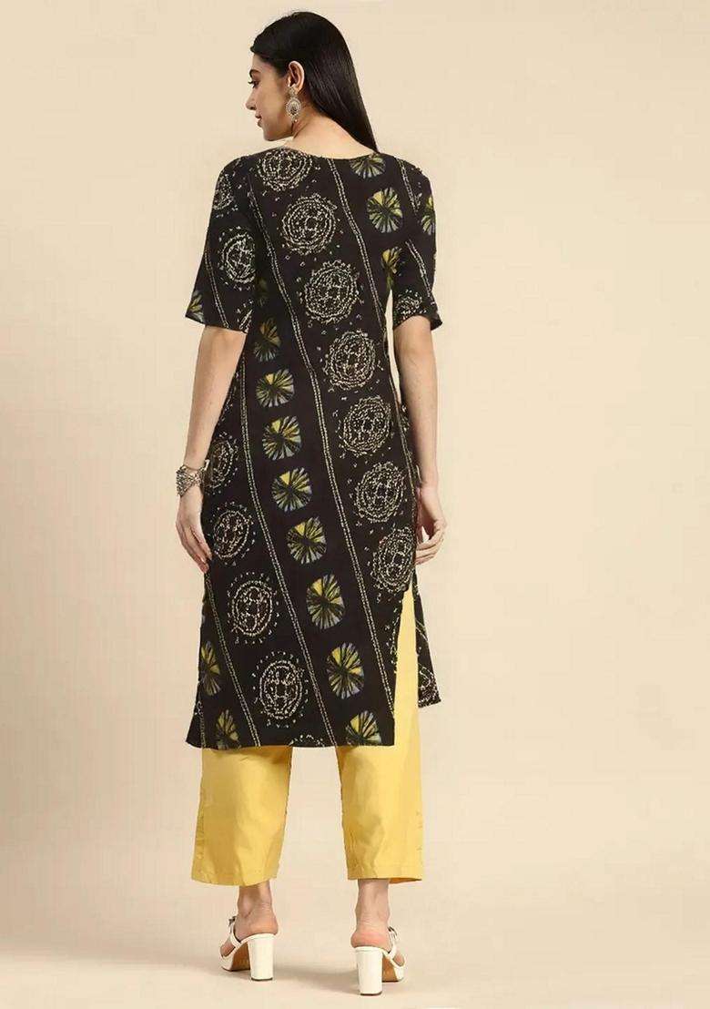 Black Printed Crepe Kurta Set - Indya