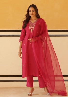 Pink Embroidery Rayon Kurta Set