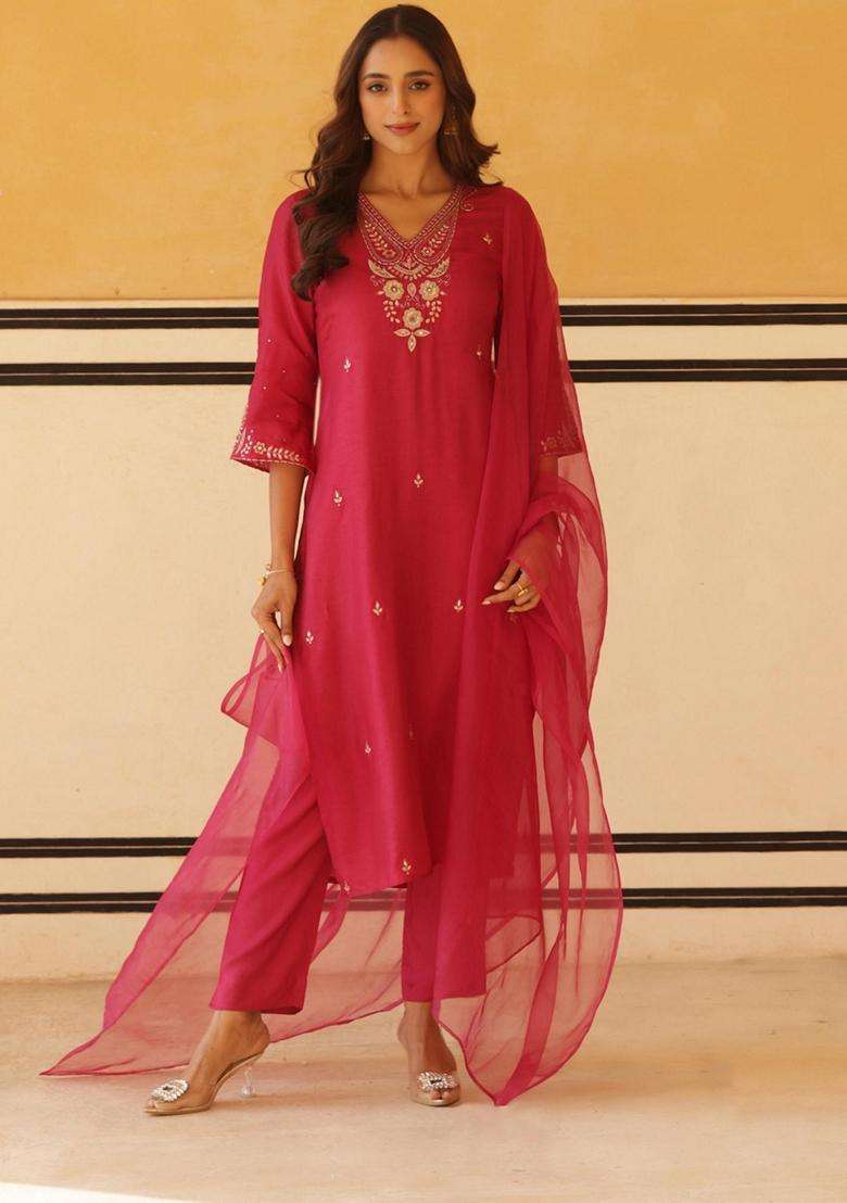 Pink Embroidery Rayon Kurta Set - Indya