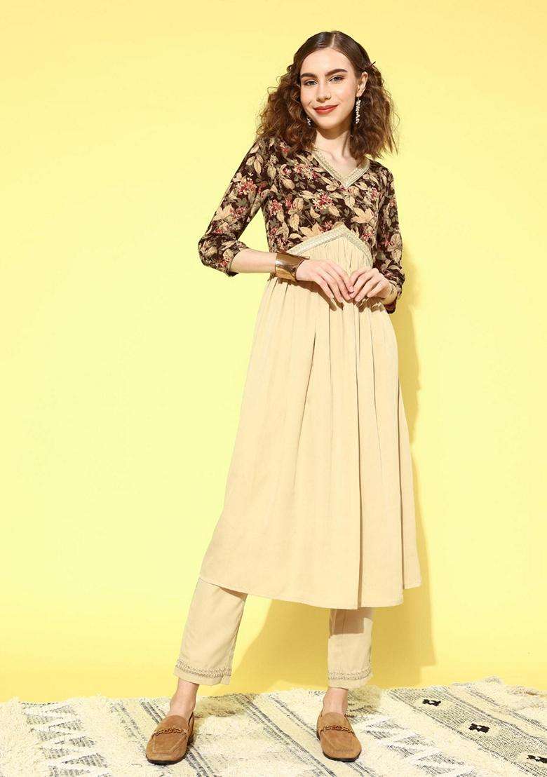Cream Embroidery Georgette Kurta Set - Indya