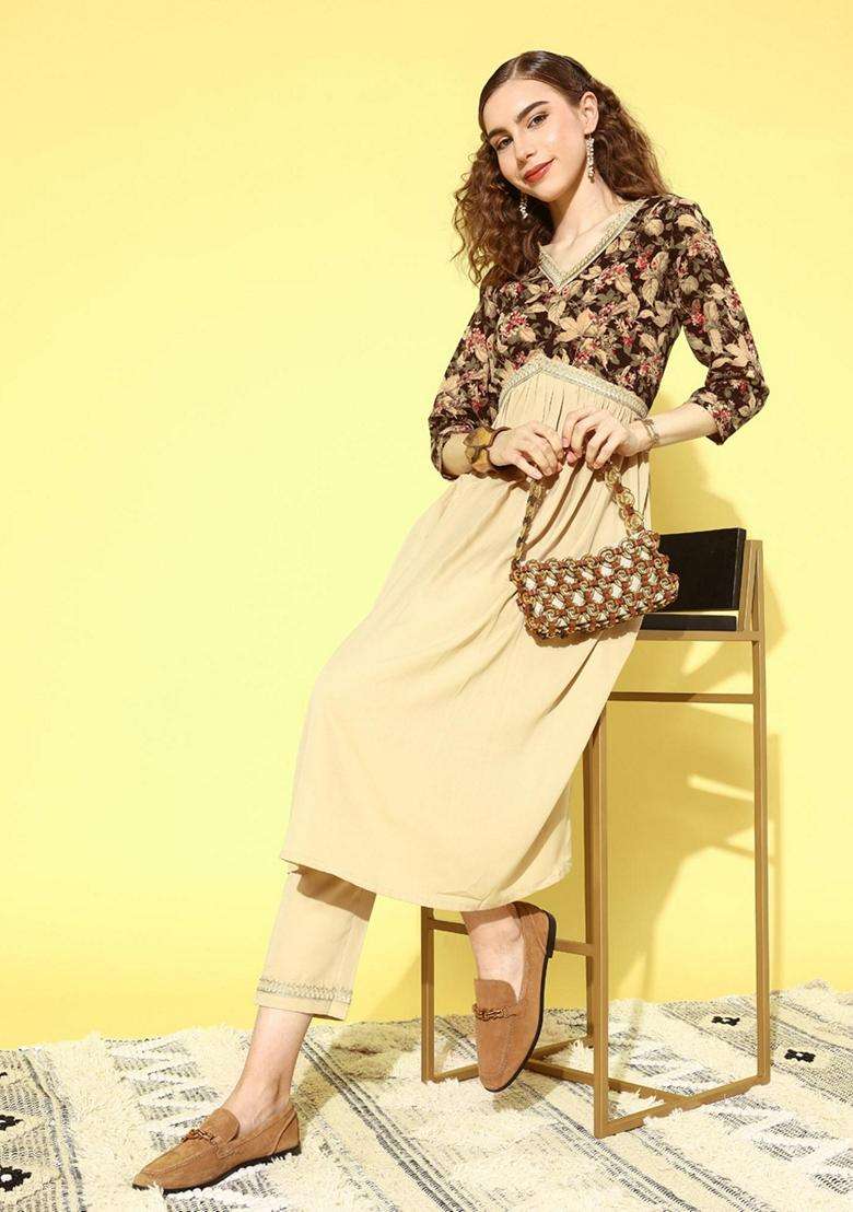 Cream Embroidery Georgette Kurta Set - Indya