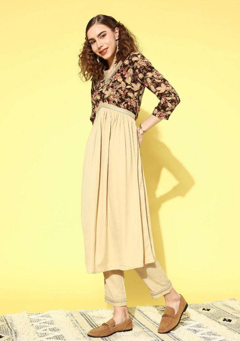 Cream Embroidery Georgette Kurta Set - Indya