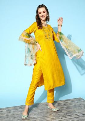 Yellow Embroidery Silk Kurta Set