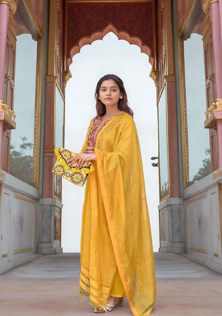 Yellow Embroidery Rayon Kurta Set - Indya