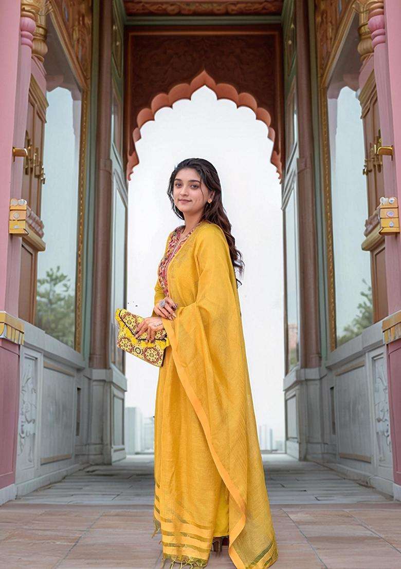 Yellow Embroidery Rayon Kurta Set - Indya