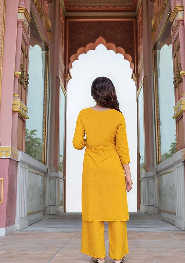 Yellow Embroidery Rayon Kurta Set - Indya