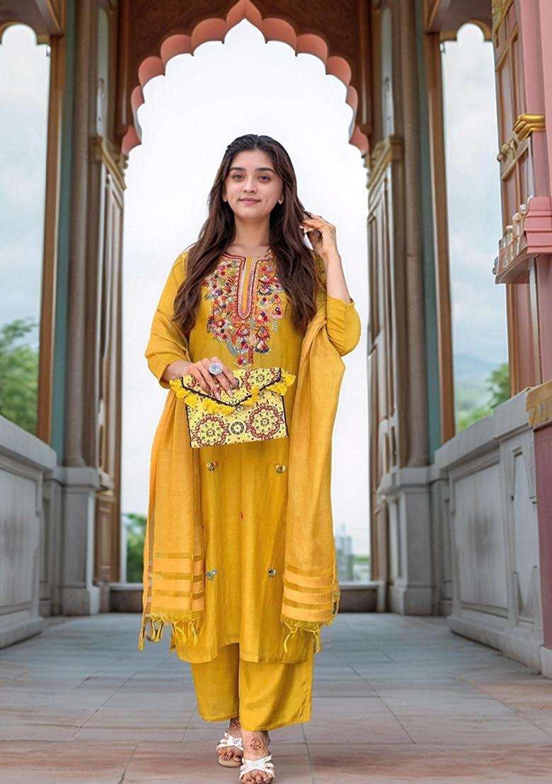 Yellow Embroidery Rayon Kurta Set - Indya