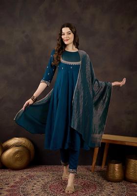 Teal Embroidery Silk Kurta Set