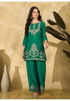 Green Embroidery Silk Palazzo Set
