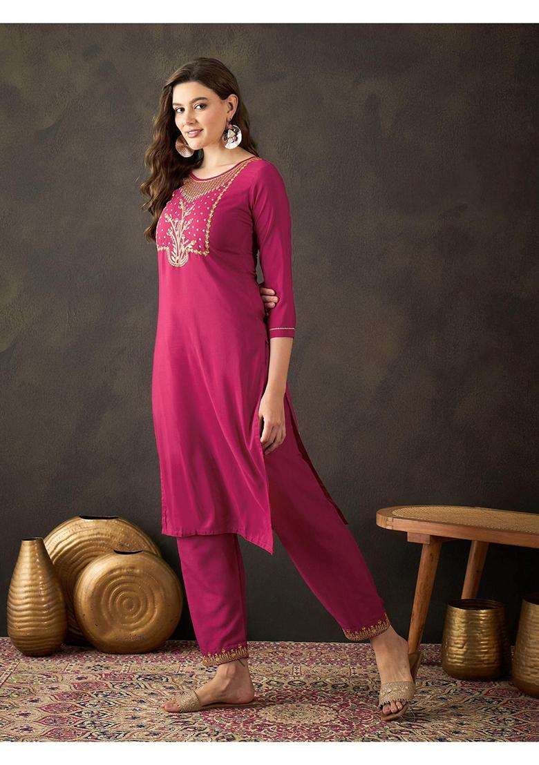 Pink Embroidery Silk Blend Kurta Set - Indya