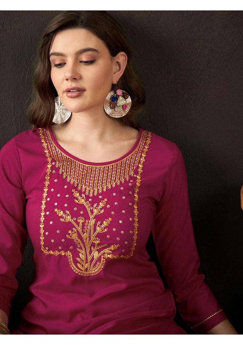 Pink Embroidery Silk Blend Kurta Set - Indya