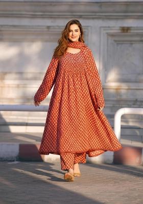 Red Printed Rayon Anarkali Set