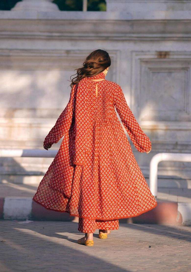 Red Printed Rayon Anarkali Set - Indya