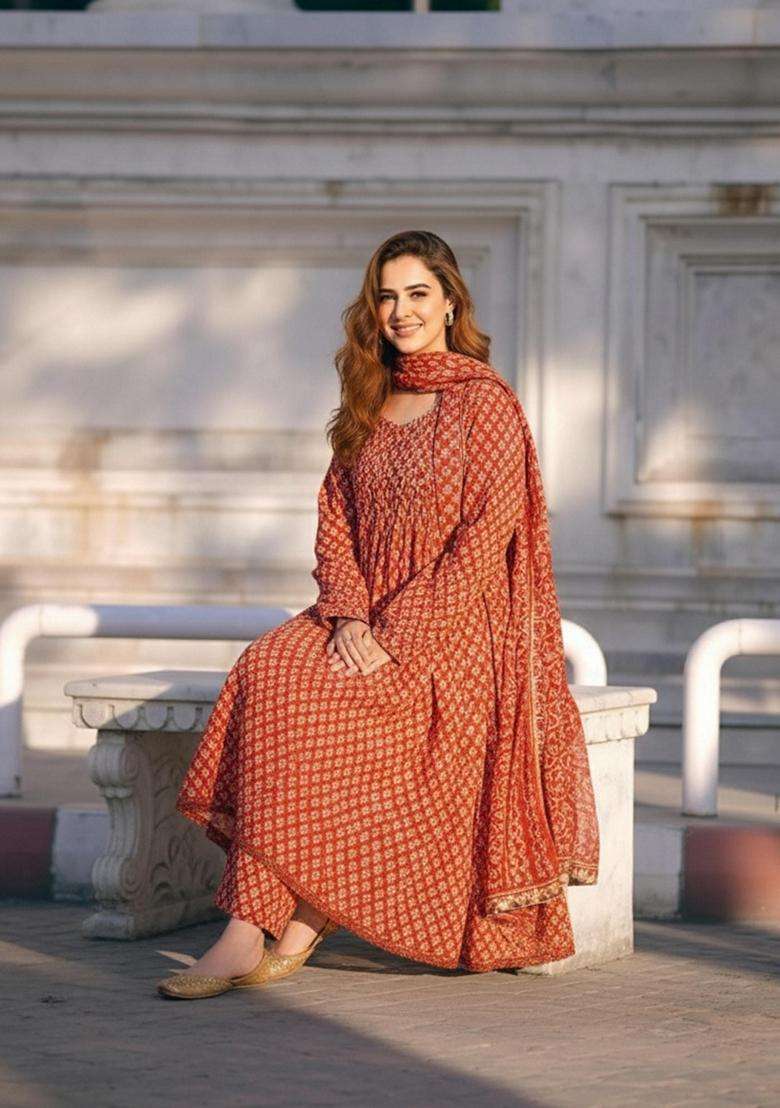 Red Printed Rayon Anarkali Set - Indya