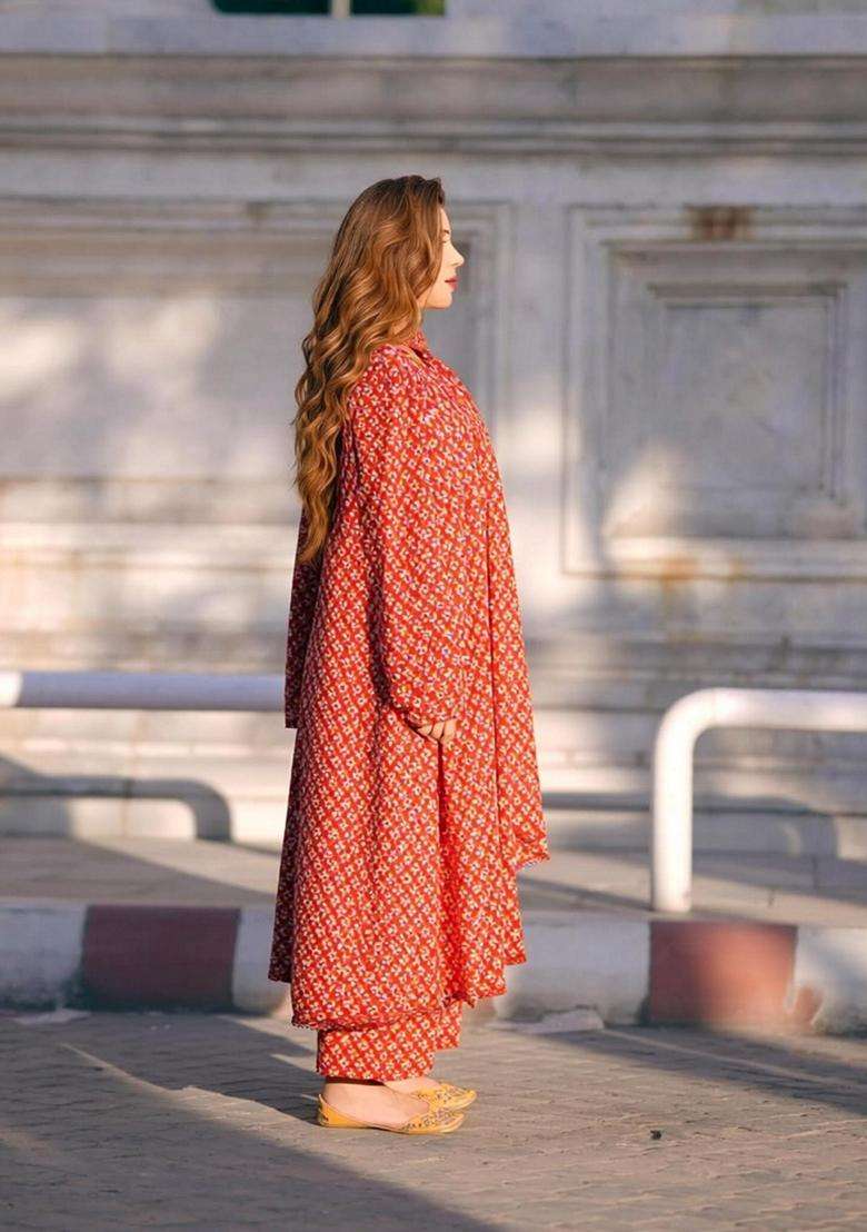 Red Printed Rayon Anarkali Set - Indya