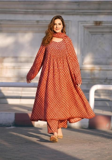 Red Printed Rayon Anarkali Set — view on Indya