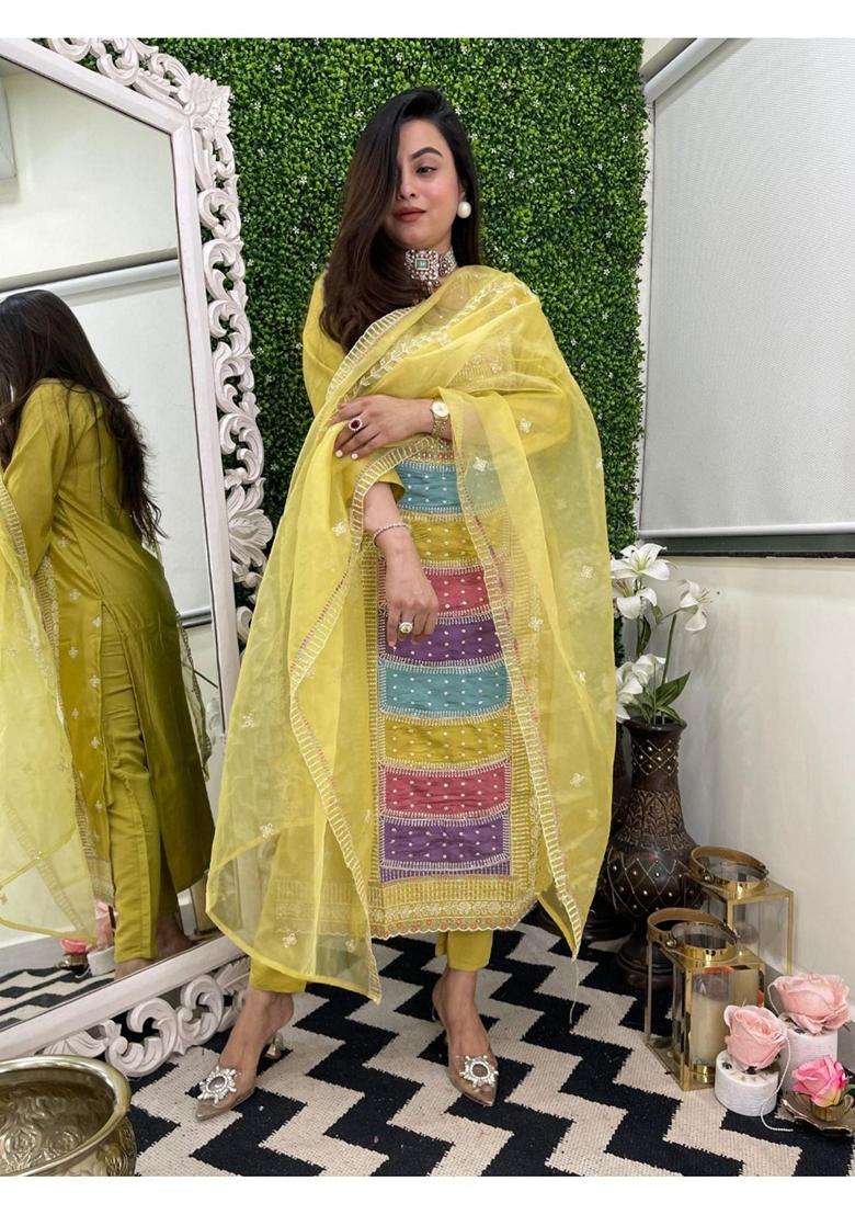 Yellow Embroidery Rayon Kurta Set - Indya
