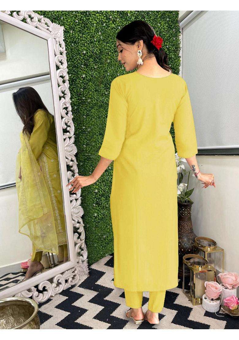 Yellow Embroidery Rayon Kurta Set - Indya