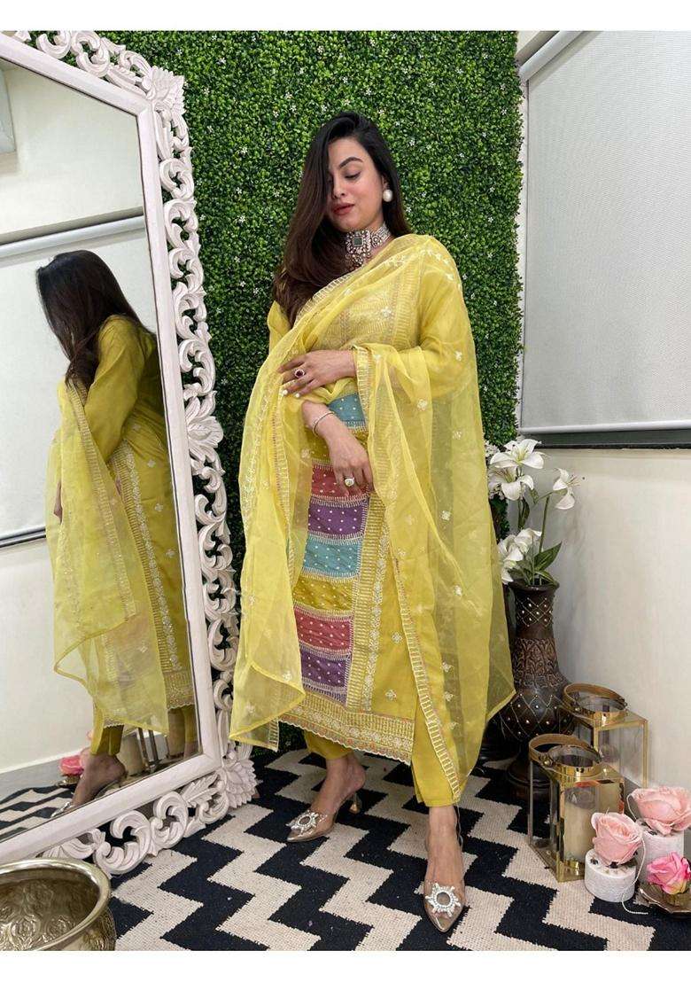 Yellow Embroidery Rayon Kurta Set - Indya